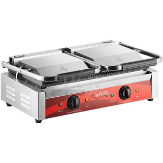 BRAND NEW SCRATCH AND DENT! Avantco P84 Double Commercial Panini Sandwich Grill with Grooved Plates - 18 3/16" x 9 1/16" Cooking Surface. 120 Volts, 1 Phase. 