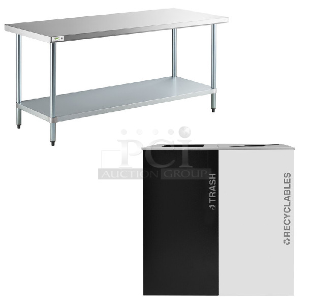 2 BRAND NEW SCRATCH AND DENT! Items; 764KD36MSBW Ex-Cell Kaiser Black Tie Kaleidoscope RC-KD36-2BT T/PBG R/WHT 72 Gallon Pebble Black Gloss / White Two Stream Indoor Steel Trash / Recyclables Receptacle and Regency Spec Line Table. 2 Times Your Bid. May Be Missing Pieces.  - Image 1 of 4