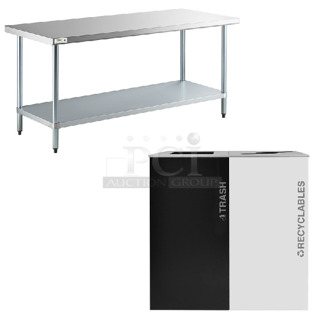 2 BRAND NEW SCRATCH AND DENT! Items; 764KD36MSBW Ex-Cell Kaiser Black Tie Kaleidoscope RC-KD36-2BT T/PBG R/WHT 72 Gallon Pebble Black Gloss / White Two Stream Indoor Steel Trash / Recyclables Receptacle and Regency Spec Line Table. 2 Times Your Bid. May Be Missing Pieces. 