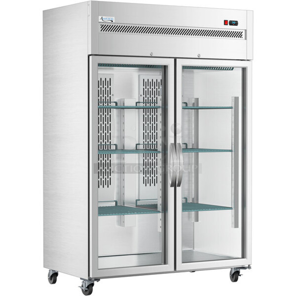 BRAND NEW SCRATCH AND DENT! 2023 Avantco 178Z2RGHC Stainless Steel Commercial 2 Door Reach In Cooler Merchandiser w/ Poly Coated Racks on Commercial Casters. See Pictures for Crack in Right Door. 115 Volts, 1 Phase. Tested and Powers On But Does Not Get Cold - Image 1 of 7