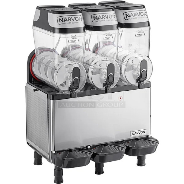 BRAND NEW SCRATCH AND DENT! Narvon NSSM3 Stainless Steel Triple 3 Gallon Pourover Granita / Slushy / Frozen Beverage Dispenser. 115 Volts, 1 Phase. Tested and Working! - Image 1 of 10