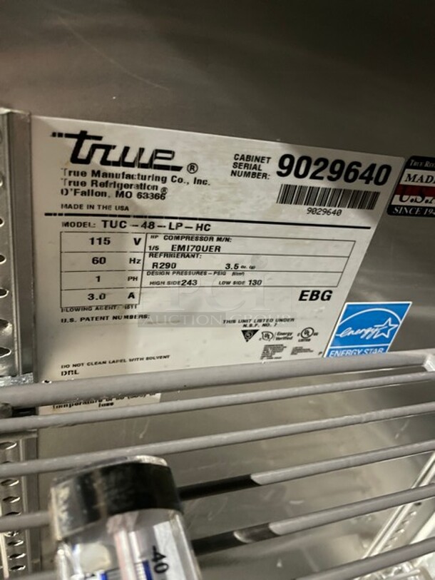 True Commercial 2 Door Refrigerated Lowboy/Worktop! All Stainless Steel! With Poly Coated Racks! 115V 1 Phase! Model: TUC-48-LP-HC SN: 9029640!
 - Image 6 of 8