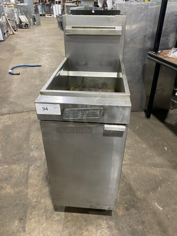 Sir Lawrence Commercial Natural Gas Powered Deep Fat Fryer! With Backsplash! All Stainless Steel! On Casters! Model: LG400 SN: DV1027985
