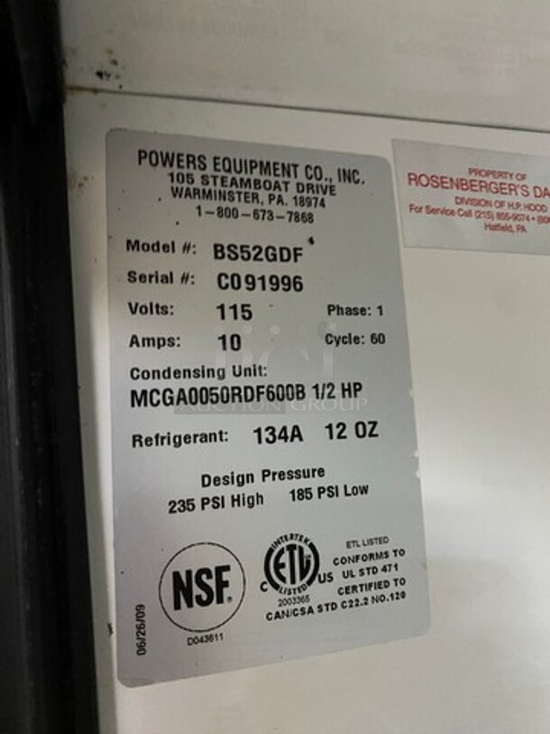 Powers Equipment Commercial 2 Door Cooler Merchandiser! With View Through Doors! Poly Coated Racks! Model: BS52GDF SN: C091996 115V 60HZ 1 Phase - Image 7 of 8