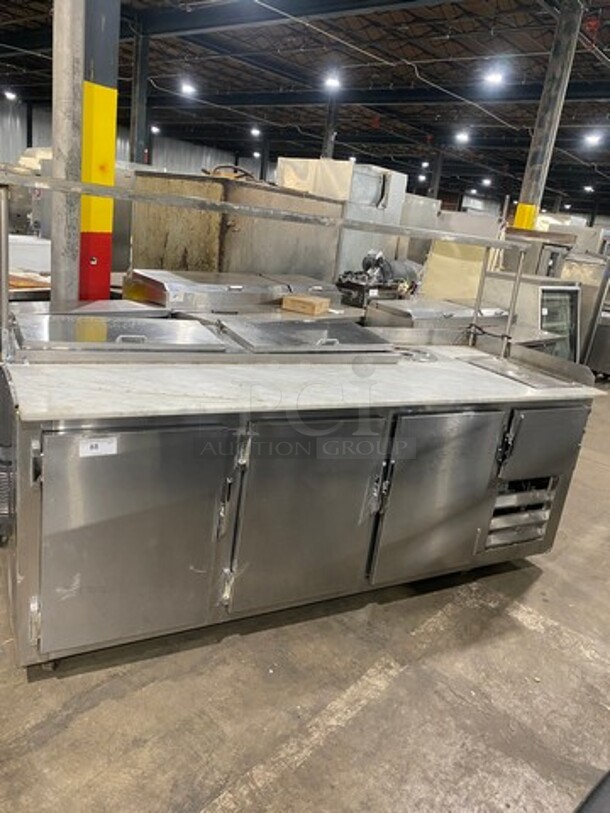 Commercial Refrigerated Pizza Prep Table! With Marble Top! With Overhead Shelf! With 4 Door Underneath Storage Space! All Stainless Steel! - Image 1 of 10