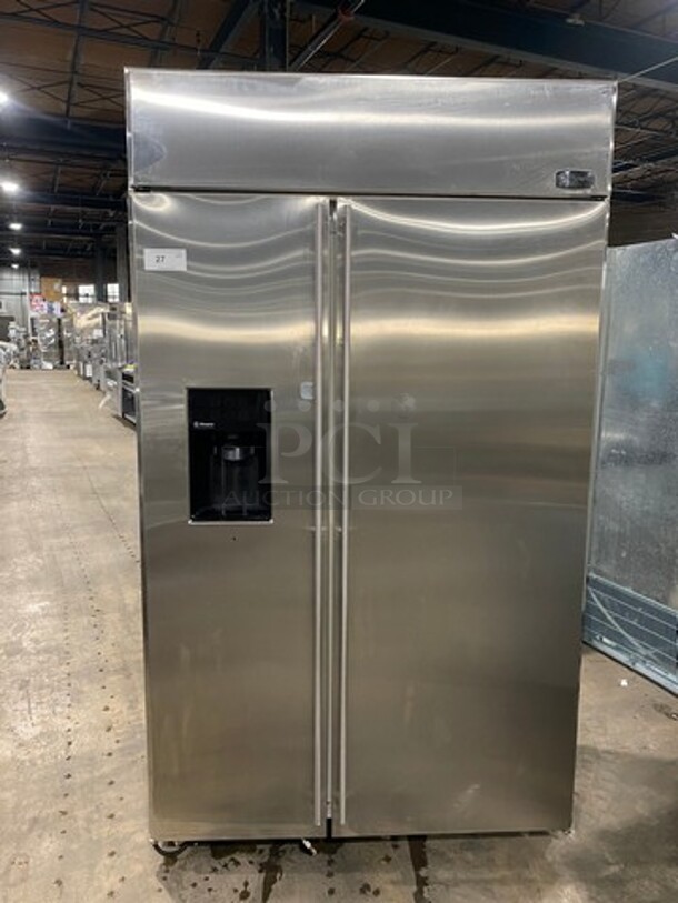 Monogram Upright Half Cooler Half Freezer Combo Unit! With Ice And Water Dispenser! With Poly Coated Racks And Shelves! Stainless Steel!