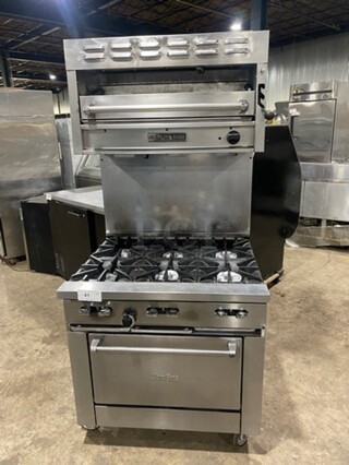 WOW! Sunfire Commercial Natural Gas Powered 6 Burner Stove! With Raised Back Splash And American Range Salamander! With Oven Underneath! All Stainless Steel! On Casters!