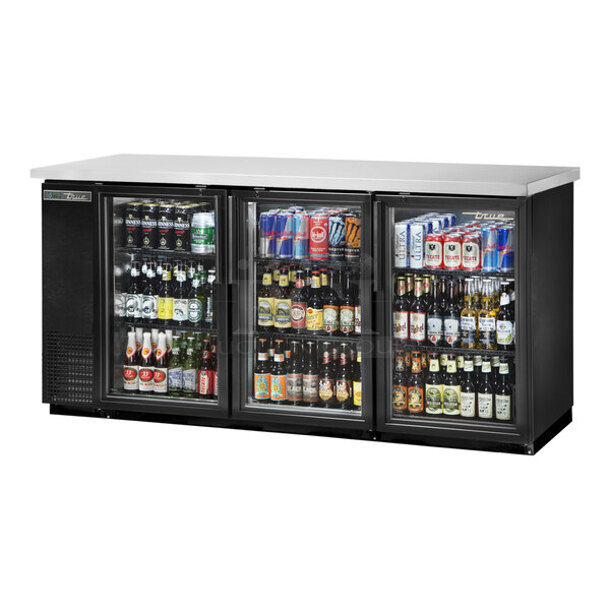 BRAND NEW SCRATCH AND DENT! 2023 True TBB-24-72G-SD Metal Commercial 3 Door Back Bar Cooler Merchandiser w/ Poly Coated Racks. 115 Volts, 1 Phase. Stock Picture Used as Gallery. Tested and Powers On But Does Not Get Cold