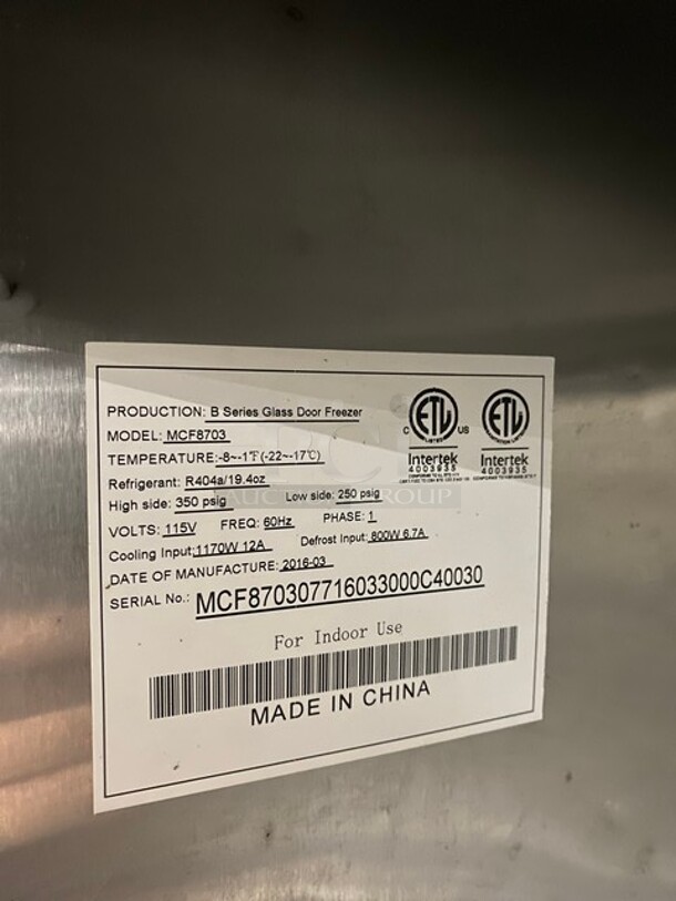 Atosa Commercial Double Glass Door Reach In Freezer/Merchandiser! All Stainless Steel! On Casters! 115V 1 Phase! Model: MCF8703 SN: MCF870307716033000C40030! - Image 7 of 10