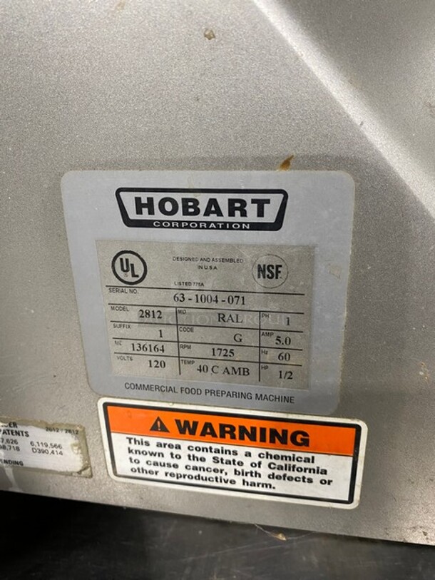 Hobart Stainless Steel Commercial Countertop Meat Slicer! MODEL 2812 SN: 631004071 120V 1PH - Image 8 of 9