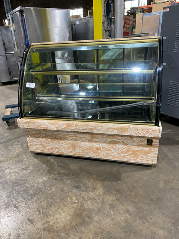BEAUTIFUL! Kinco Commercial Refrigerated Bakery Display Showcase! With Glass Shelves! With Curved Front Glass! With 2 Sliding Rear Access Doors! With Marble Pattern Top And Bottom! Model: SRM3C SN: A930270 220V 60HZ 1 Phase