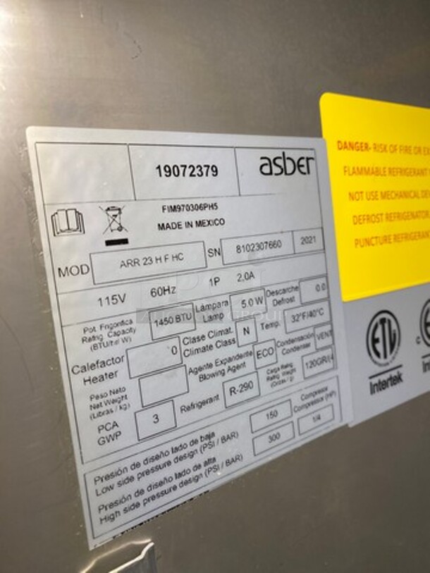 LATE MODEL! 2021 Asber Commercial Single Door Reach In Cooler! With Poly Coated Racks! All Stainless Steel! On Casters! WORKING WHEN REMOVED! Model: ARR23HFHC SN: 8102307660 115V 60HZ 1 Phase - Image 7 of 7