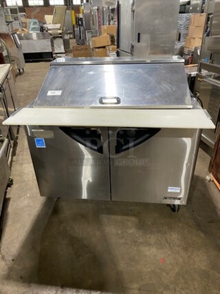 Turbo Air Commercial Refrigerated Sandwich Prep Table! With Commercial Cutting Board! With 2 Door Storage Space Underneath! All Stainless Steel! On Casters! Model: TST48SD18 SN: M418105011 115V 60HZ 1 Phase