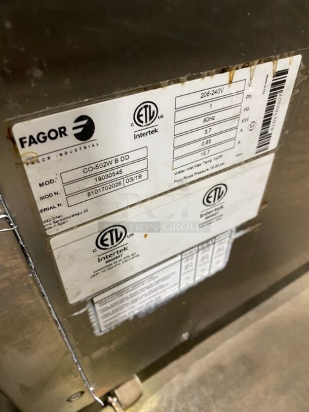 Fagor Commercial Undercounter Dishwasher! All Stainless Steel! MODEL CO502WBDD SN:8101702026 208-240V 1PH - Image 8 of 9