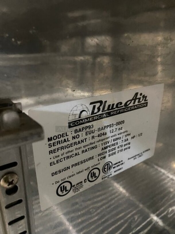 Blue Air Commercial Refrigerated Pizza Prep Table! With Commercial Cutting Board! With 3 Door Storage Space Underneath! Poly Coated Racks! All Stainless Steel! Model: BAPP93 SN: EUUBAPP930009 115V 60HZ 1 Phase - Image 7 of 11