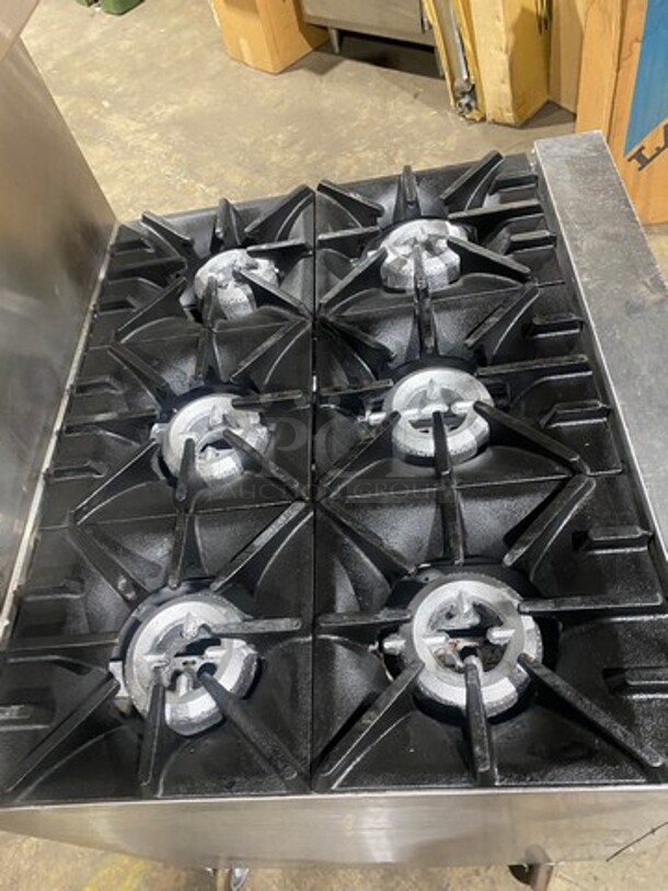 Sunfire Commercial Natural Gas Powered 6 Burner Stove! With Raised Back Splash And Salamander Shelf! With Oven Underneath! All Stainless Steel! On Casters! - Image 5 of 10