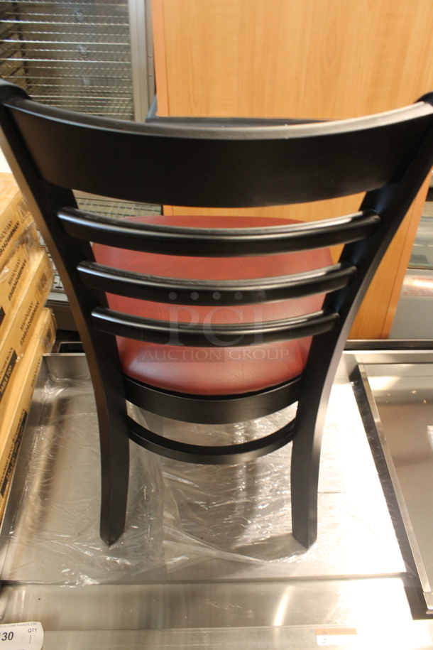 4 BRAND NEW SCRATCH AND DENT! Lancaster Table & Seating 164CLADBLKFR Black Ladder Back Dining Chairs w/ Burgundy Vinyl Seat Cushions. 4 Times Your Bid! - Image 3 of 4