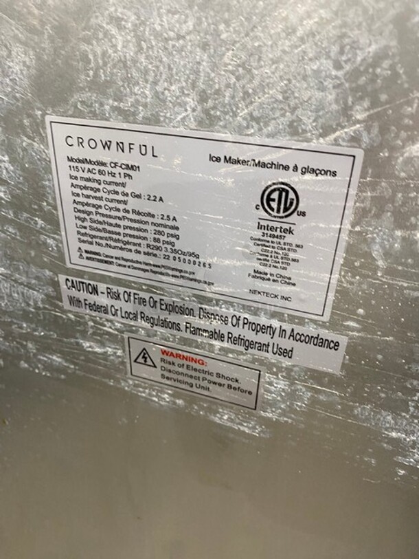 Crownful Commercial Undercounter Ice Maker Machine! All Stainless Steel! Model: CFCIM01 SN: 2205000265 115V 60HZ 1 Phase - Image 5 of 8