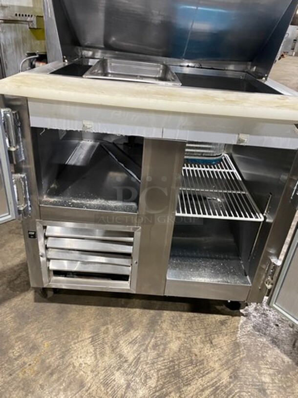 Leader Commercial Refrigerated Sandwich Prep Table! With 2 Door Underneath Storage Space! With Poly Coated Racks! With Commercial Cutting Board! All Stainless Steel! On Casters! Model: LM36 SN: PW08M1412 115V 60Hz 1 Phase - Image 5 of 10