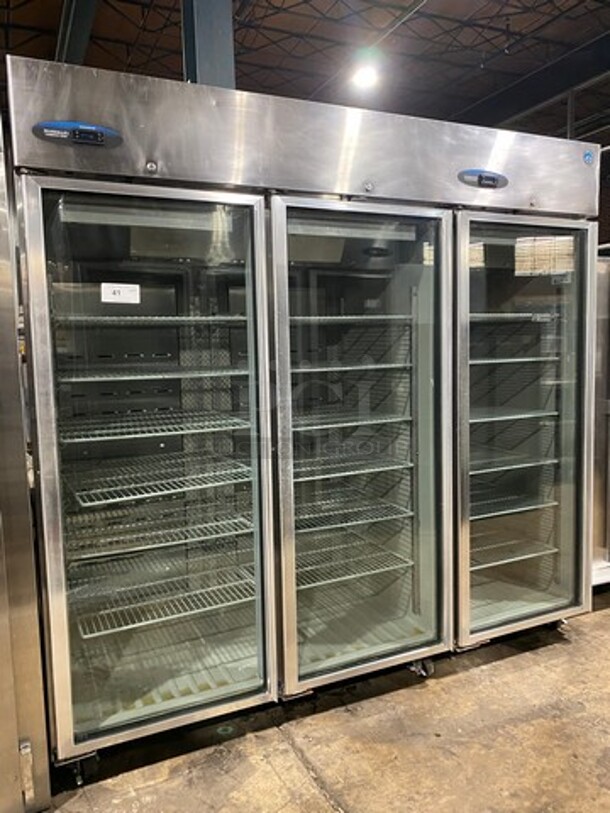 COOL! Hoshizaki Commercial 3 Door Reach In Refrigerator Merchandiser! With View Through Doors! Poly Coated Racks! All Stainless Steel! On Casters! Model: CR3BFGY SN: D80079K 115V 60HZ 1 Phase