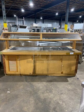 Atlas Metal Commercial Custom-Made Half Cold Pan Half Steam Table Food Serving Station! With Sneeze Guard! Stainless Steel With Wooden Outline! 208V 60HZ 1 Phase