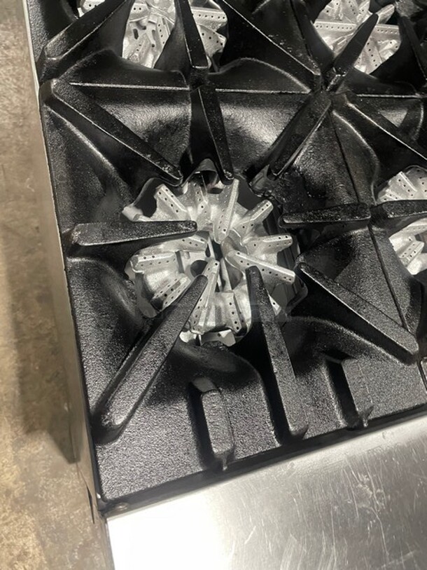 AMAZING! Garland Natural Gas Powered 10 Burner Stove! With 2 Standard Ovens Underneath! With Back Splash & Overhead Salamander Shelf! All Stainless Steel! On Casters! Model: G60-10RR! - Image 6 of 10