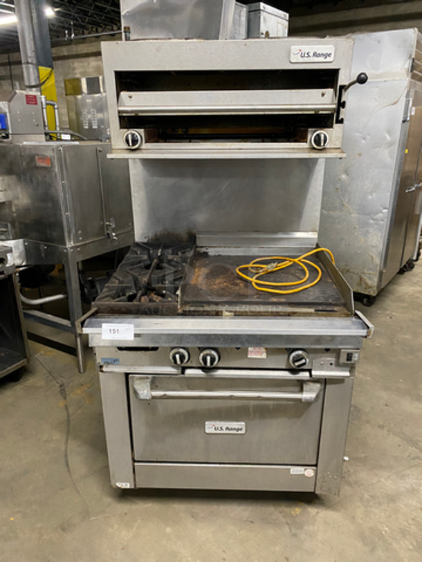 US Range Commercial Natural Gas Powered 2 Burner Stove With Flat Top Griddle! Griddle Has Side Splashes! With Raised Back Splash And Salamander! With Oven Underneath! All Stainless Steel! On Casters!