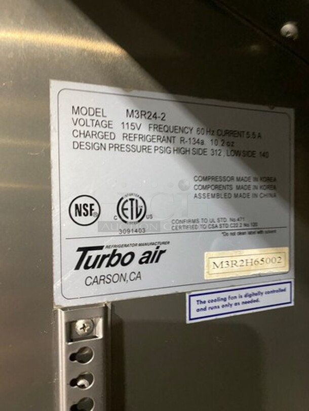 Turbo Air Commercial Split Door Reach In Refrigerator! With Poly Coated Racks! All Stainless Steel! On Legs! Model: M3R242 SN: M3R2H65002 115V 60HZ 1 Phase - Image 7 of 9