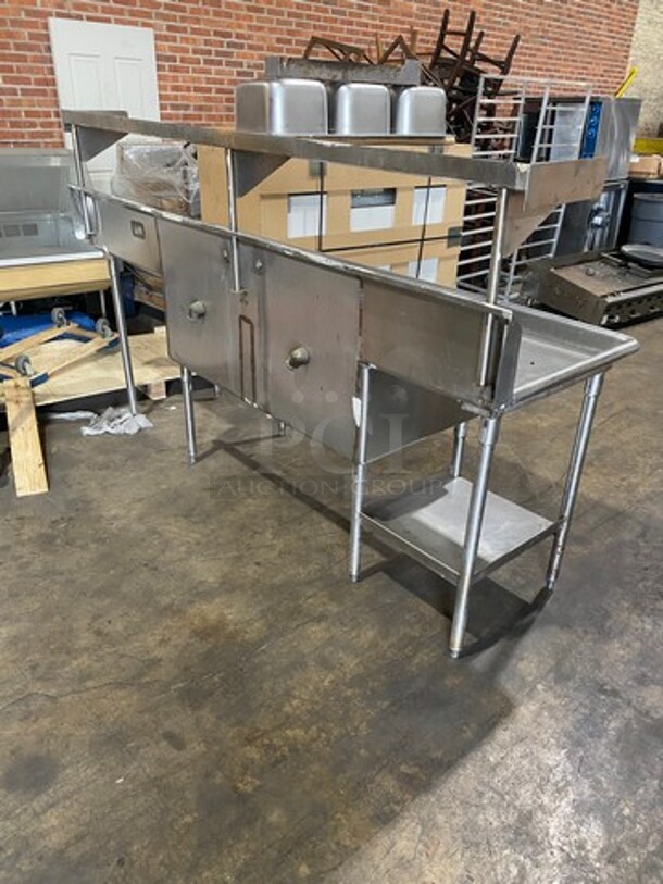Commercial 2 Compartment Dish Washing Sink! With Overhead Shelf! With Dual Side Drain Board! With Back Splash! All Stainless Steel! On Legs! - Image 6 of 7