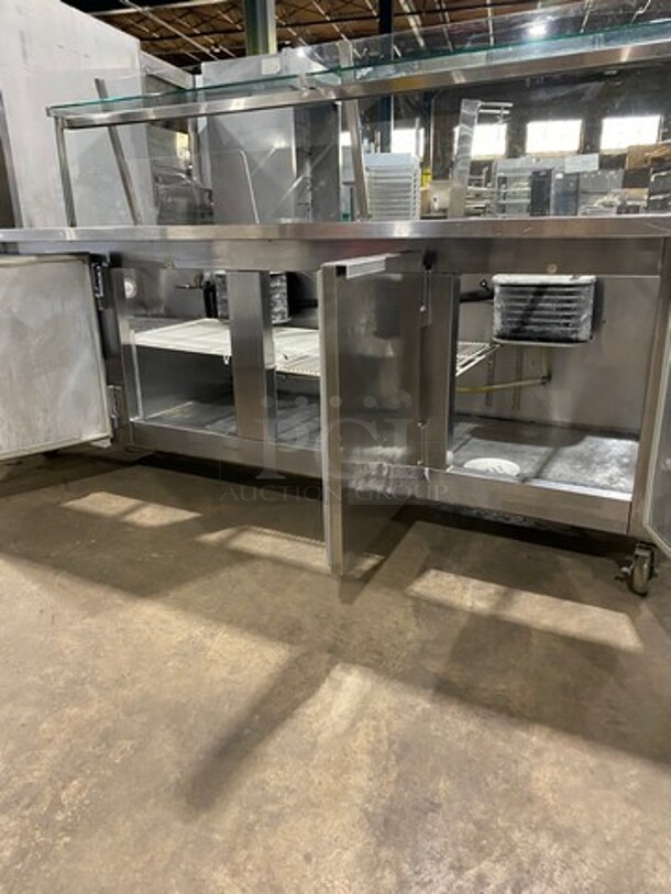 ALL STAINLESS-STEEL  96 Inch Refrigerated Sandwich Prep Table! With Sneeze Guard! With 3 Door Under Refrigeration! Sandwich Prep Area w/ 7 Compartments! 115V 1 Phase! On Casters!
 - Image 6 of 7