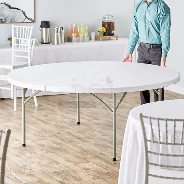 BRAND NEW SCRATCH & DENT! Lancaster Table & Seating 72" Round Heavy-Duty Granite White Plastic Folding Tables. 12x Your Bid
 - Image 3 of 4