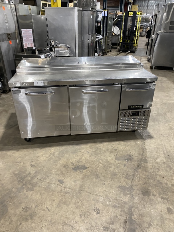 Sweet! Continental Commercial Refrigerated Pizza Prep Table! With 3 Door Storage Space Underneath! All Stainless Steel! On Casters! Model: CPA68 SN: 15974548! 115V 1 Phase!  - Image 1 of 8