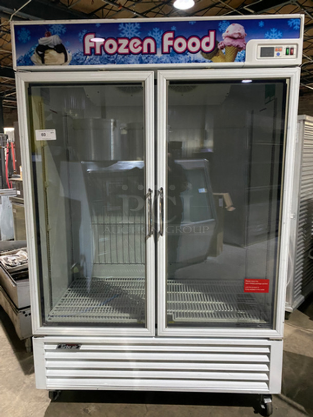 Turbo Air Commercial Refrigerated 2 Door Reach In Freezer Merchandiser! With View Through Doors! With Poly Coated Racks! Coated Stainless Steel Body! On Casters! Working When Removed! Model: TGF-49F SN: GF49506025 110-120/220-240V 60HZ 1 Phase
