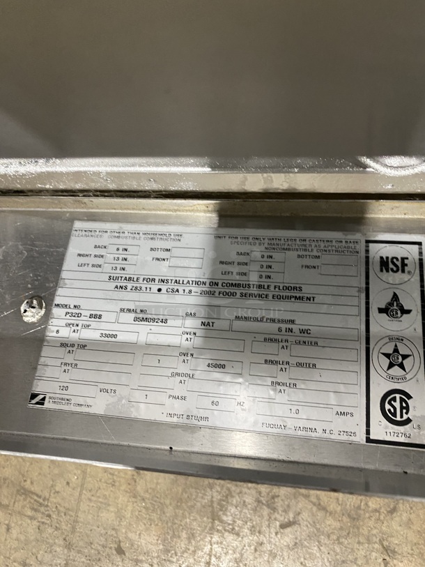 Southbend Heavy Duty Commercial Natural Gas Powered 6 Burner Stove! With Raised Back Splash! With Oven Underneath! All Stainless Steel! On Casters! Model: P32D-BBB SN: 05M09248! Working When Removed!  - Image 10 of 12