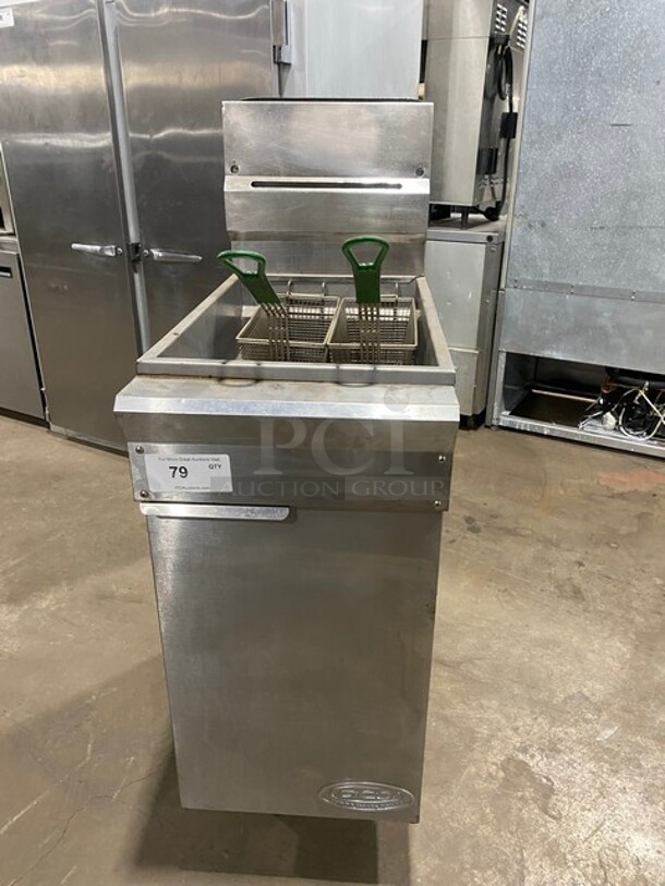 DCS Commercial Floor Style Natural Gas Powered Deep Fat Fryer! With Back Splash! All Stainless Steel! With 2 Frying Baskets! On Legs! Model: DCS-FSF-40N SN: 04C02444A! - Image 1 of 9