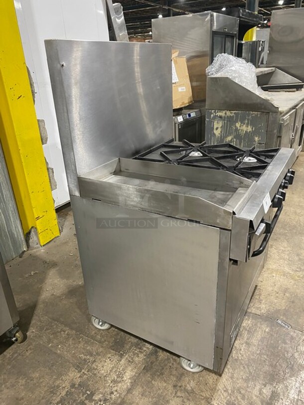 SouthBend Commercial Natural Gas Powered Split Top 4 Burner Stove! With Left Side Flat Griddle! With Full Sized Oven Underneath! With Backsplash! All Stainless Steel! With Metal Oven Racks! On Casters! Model: X336D-1GL SN: 04C65469! - Image 3 of 12