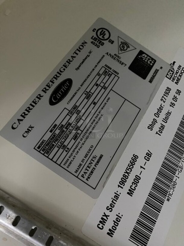 Carrier Commercial Single Door Reach In Refrigerator Merchandiser! With View Through Door! With Poly Coated Racks! Model: MC3000 SN: 1908X55666 120V 60HZ 1 Phase - Image 6 of 7