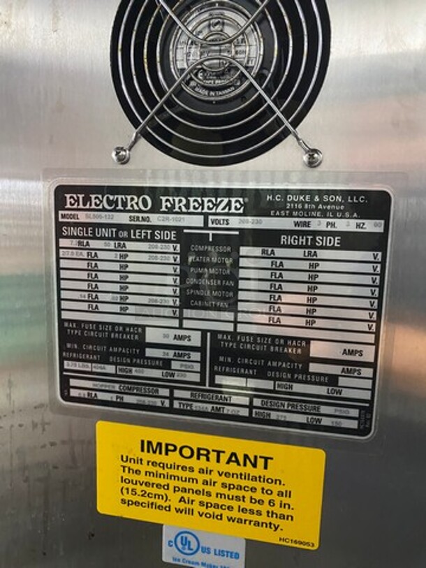 Electro Freeze 3 Handle Electric Powered Soft Serve Ice Cream/Yogurt Machine! All Stainless Steel Body! On Casters! Model: SL500132 SN: C2R1021 208/230V 60HZ 3 Phase - Image 5 of 10