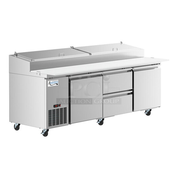 BRAND NEW SCRATCH & DENT! Avantco SSPPT-3F 94" 2 Door Refrigerated Pizza Prep Table with 2 Drawers - Door Is Missing - TESTED! WORKS PERFECT!!  - Image 1 of 8