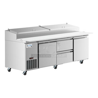 BRAND NEW SCRATCH & DENT! Avantco SSPPT-3F 94" 2 Door Refrigerated Pizza Prep Table with 2 Drawers - Door Is Missing - TESTED! WORKS PERFECT!! 