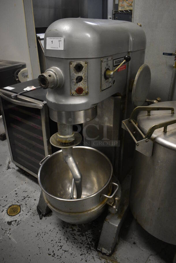 Hobart H-600-T Metal Commercial Floor Style 60 Quart Planetary Dough Mixer w/ Metal Mixing Bowl and Dough Hook Attachment. 220 Volts, 3 Phase. 28x38x56. BUYER MUST REMOVE. Item Was in Working Condition on Last Day of Business. (kitchen)