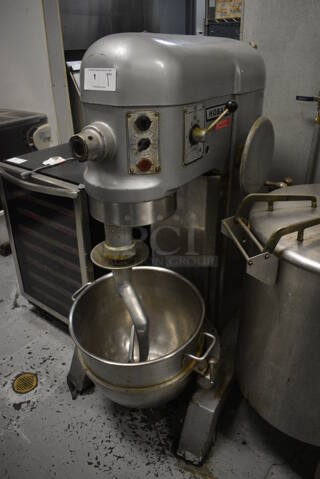 Hobart H-600-T Metal Commercial Floor Style 60 Quart Planetary Dough Mixer w/ Metal Mixing Bowl and Dough Hook Attachment. 220 Volts, 3 Phase. 28x38x56. BUYER MUST REMOVE. Item Was in Working Condition on Last Day of Business. (kitchen)