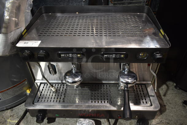 Monika Stainless Steel Commercial Countertop 2 Group Espresso Machine w/ Portafilter and 2 Steam Wands. 115/220 Volts, 1 Phase. 