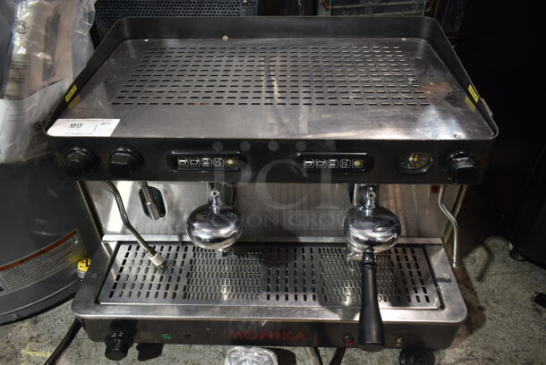 Monika Stainless Steel Commercial Countertop 2 Group Espresso Machine w/ Portafilter and 2 Steam Wands. 115/220 Volts, 1 Phase.  - Image 1 of 5