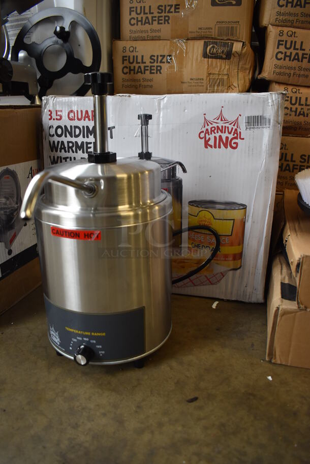 BRAND NEW IN BOX! Carnival King 382RWS35 Stainless Steel Commercial Countertop Condiment Warmer w/ Pump. 120 Volts, 1 Phase. 8x15x17. Tested and Working! - Image 3 of 7