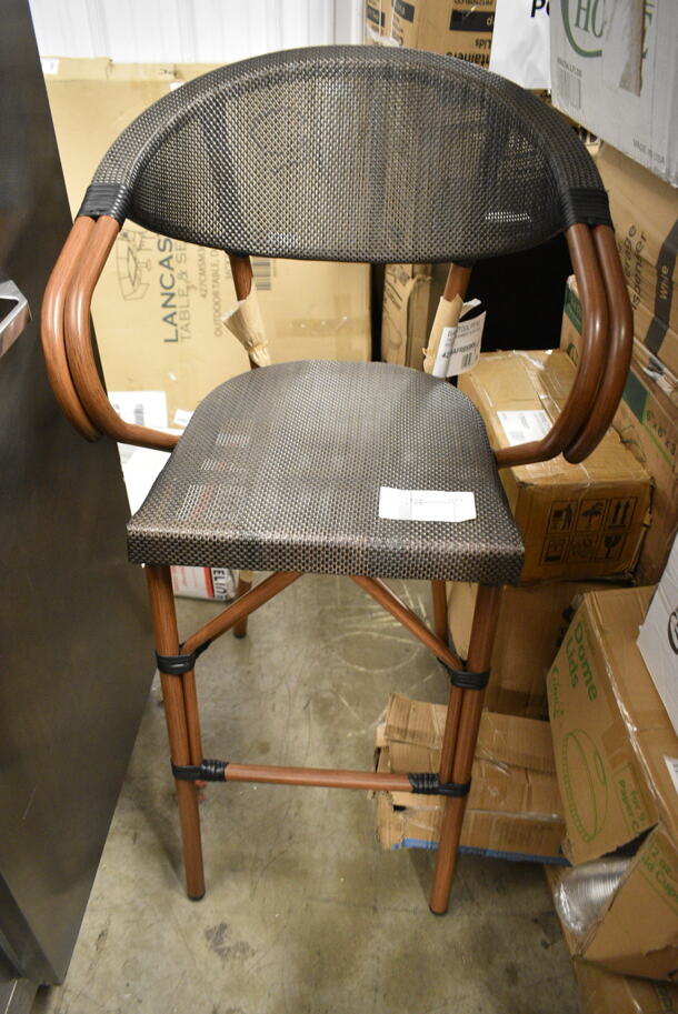 BRAND NEW SCRATCH AND DENT! 427BAFRBSBRN French Bistro Brown Teslin Outdoor Arm Barstool Bar Height Chair. - Item #1113114