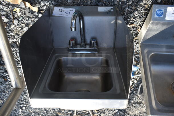 Stainless Steel Commercial Single Bay Wall Mount Sink w/ Side Splash Guards, Faucet and Handles. 
