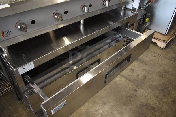 BRAND NEW SCRATCH AND DENT! Avantco Stainless Steel Commercial 2 Drawer Chef Base on Commercial Casters. 60x30x26. Tested and Working! - Image 4 of 5