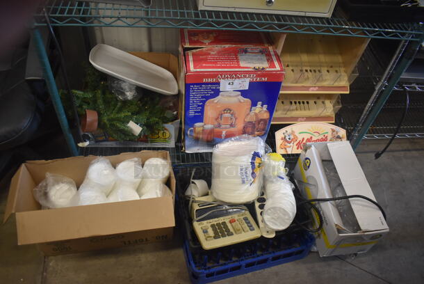 ALL ONE MONEY! 2 Tier Lot including Advanced Brewing System Box, Kellogg Dispenser, Christmas Decorations, Lids, Disposable Utensils, Calculator and MORE!