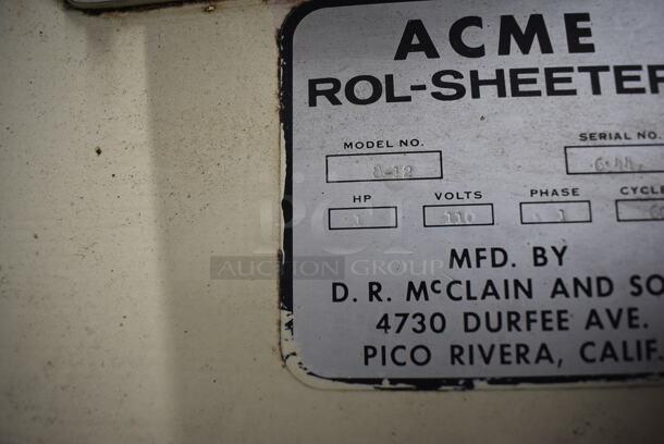 Acme 8-12 Metal Commercial Floor Style Dough Sheeter w/ 9' Conveyor Belt. 110 Volts, 1 Phase. 132x22x57. Tested and Working! - Image 9 of 9